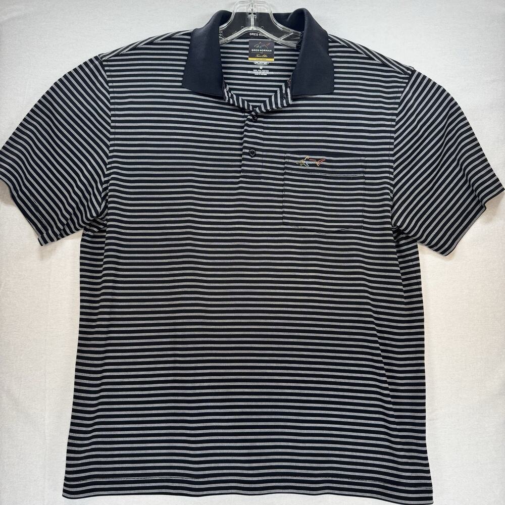 Greg Norman for Tasso Elba Shark PlayDry Blk Striped Golf Polo Shirt Medium A243